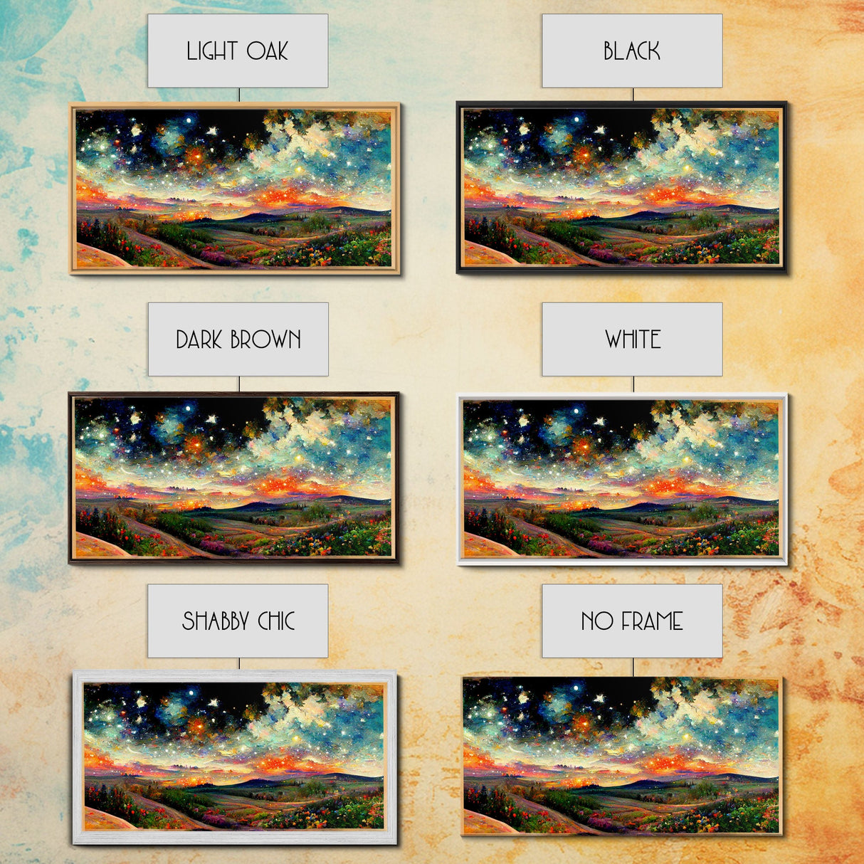 Night Starry Sky Landscape Framed Canvas Print, Colorful Night Sky Painting Nature Painting Living Room Wall Art Spiritual Starry Painting