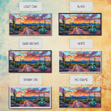 Cacti and Mountains Under Sunset Sky, Vibrant Southwestern Landscape Art, Framed Canvas Print, Boho Living Room Decor, Desert Scene