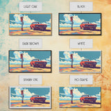 Stylized Cowgirl with Red Car in Vast Desert, Framed Canvas Print for Bedroom, Ideal Living Room Art, Retro Wall Decor