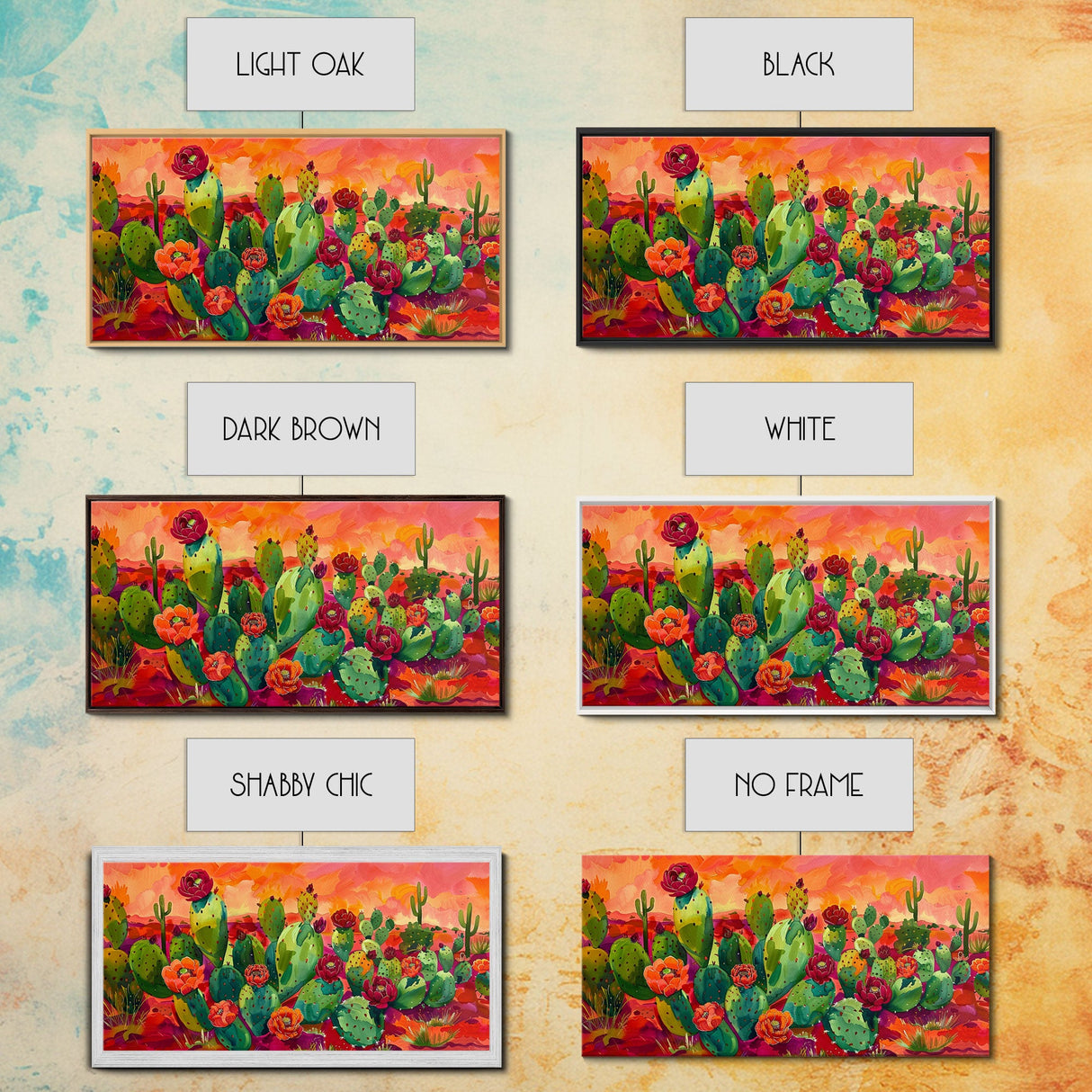 Bright Desert Flowers and Cacti with Mountains, Vibrant Framed Canvas Print for Home, Boho Wall Art, Nature Lover's Decor