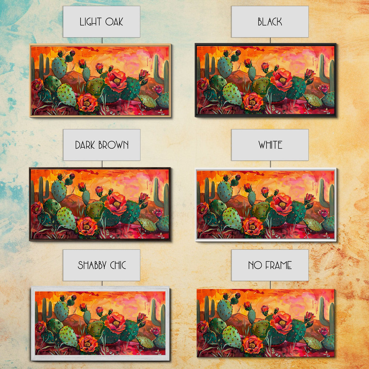 Prickly pear cacti with vibrant blooms in desert scene, Framed Canvas Print, great for modern living room, boho wall decor