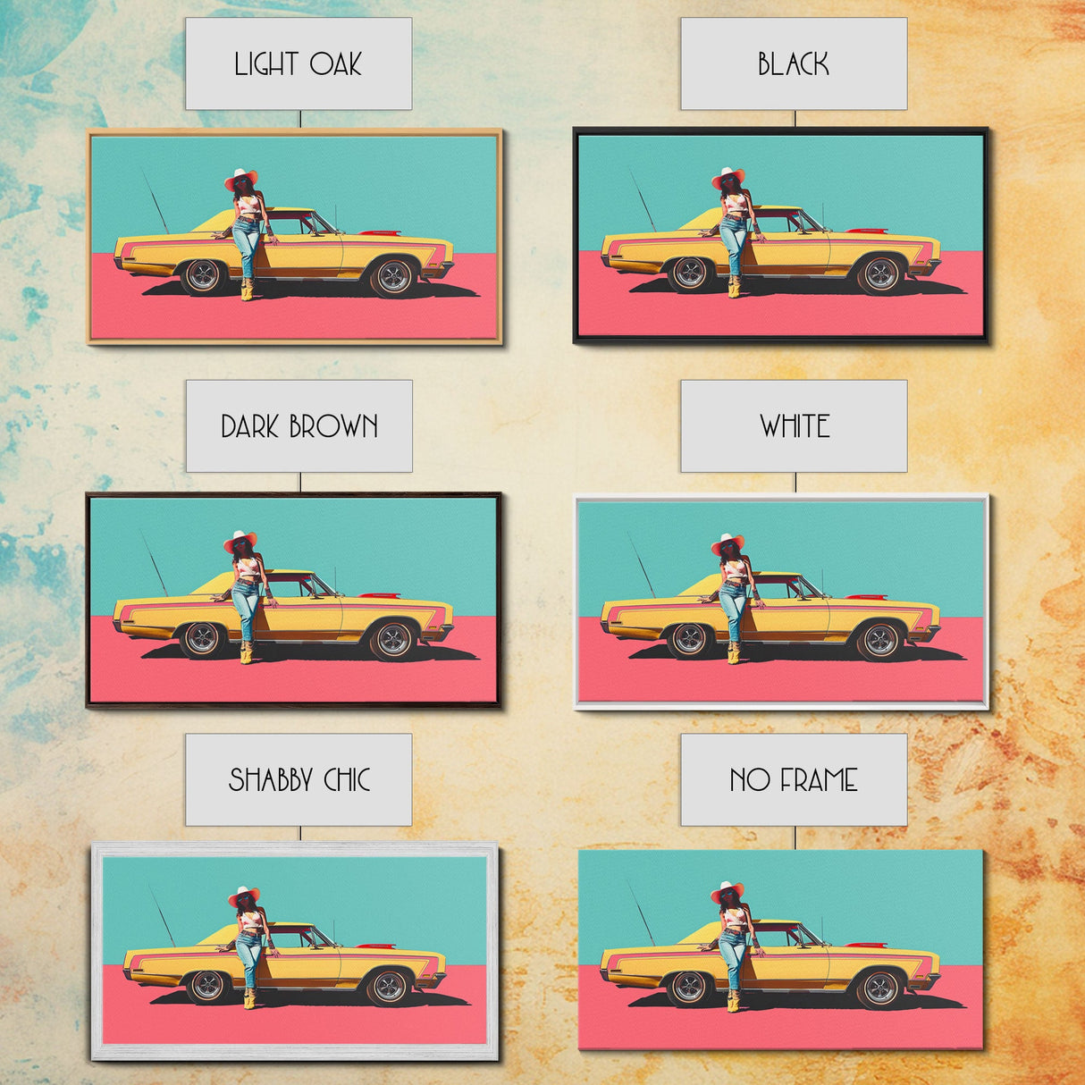 Bold Cowgirl Posing with Yellow Car, Pop Art Framed Canvas Print for Living Room, Ideal Bedroom Wall Art, Unique Home Decor