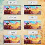 Cowboy on Horse Under Vibrant Sky, Farmhouse Style Framed Canvas Print for Bedroom Wall Art, Rustic Home Decor, Western Scenic Art