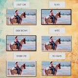 Horseback Riding by the Sea, Calm Framed Canvas Print, Perfect for Coastal Living Room Art, Beach Bedroom Decor, Equestrian Wall Art