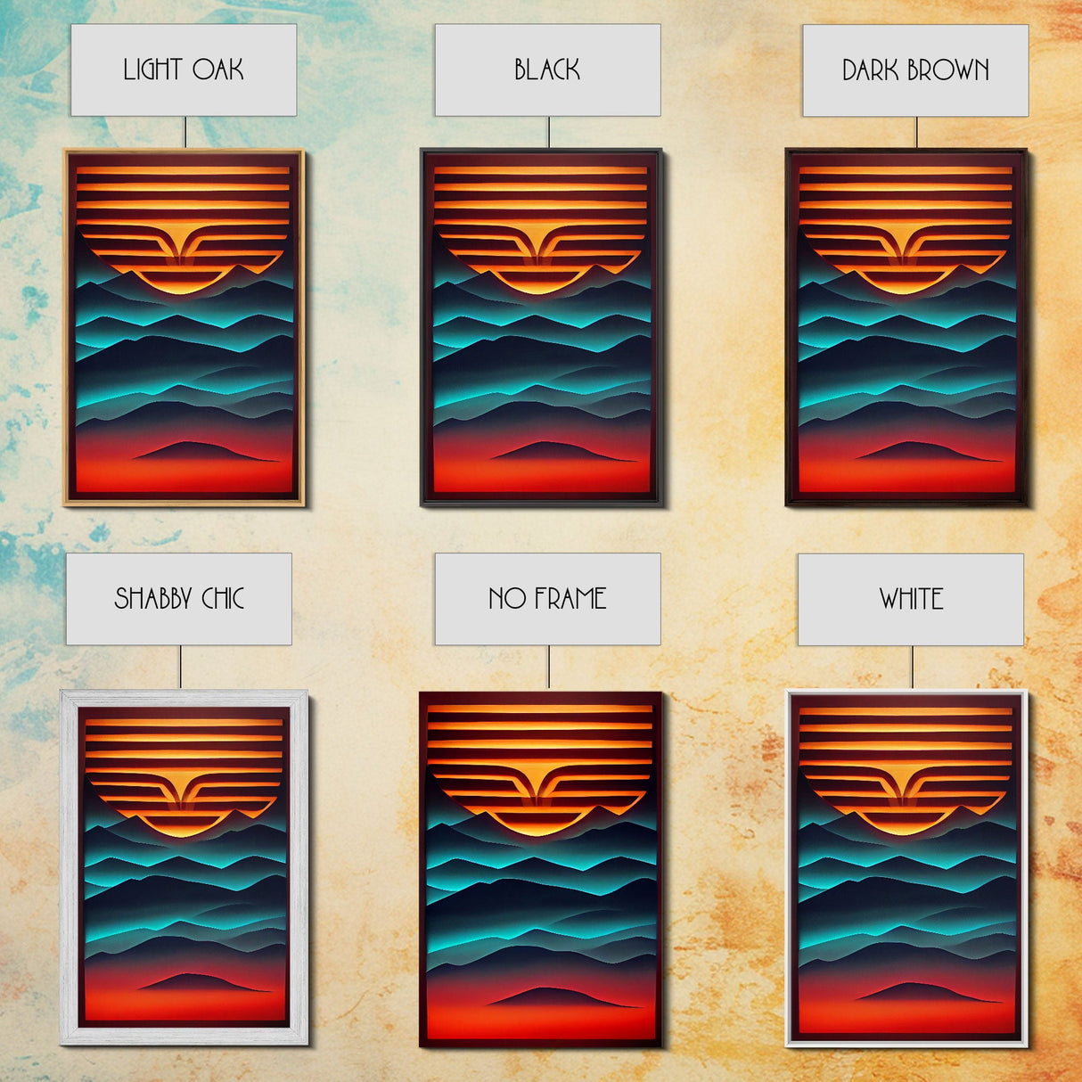 Retro Landscape Mountains Sunrise Sunset Colorful Fine Art Print, Red Blue Yellow Wall Poster