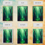 Emerald green city streets under a full moon, cool spooky art, framed canvas print