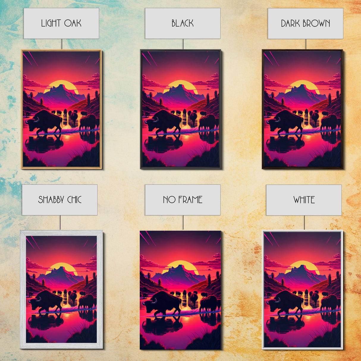 North American Buffalo at Sunset, Western Decor, framed canvas print, bison art, primitive farmhouse decor