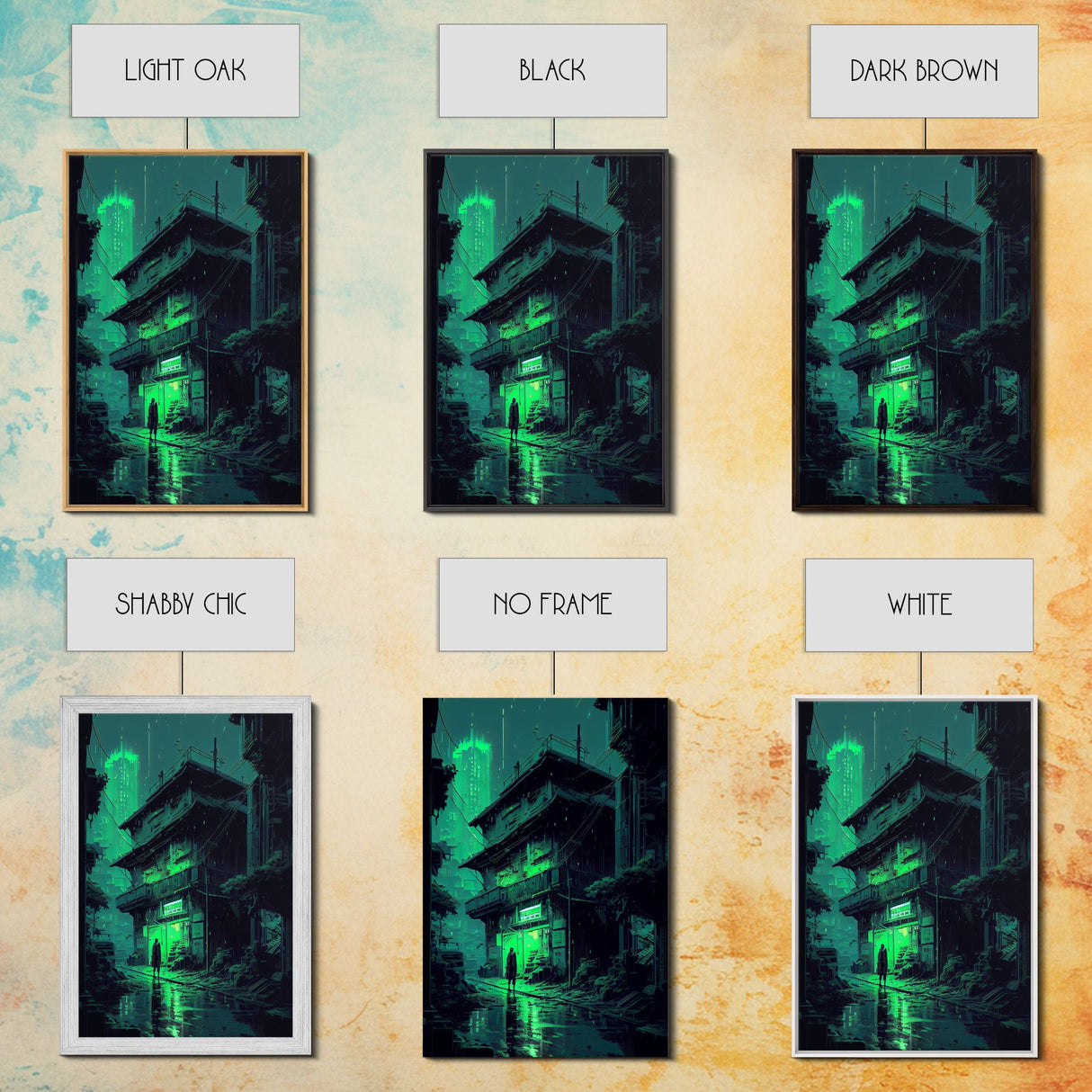 Cyberpunk Dystopian Emerald Green Town City Background Fine Art Print, Wall Decor, Wall Poster, Wall Art Print