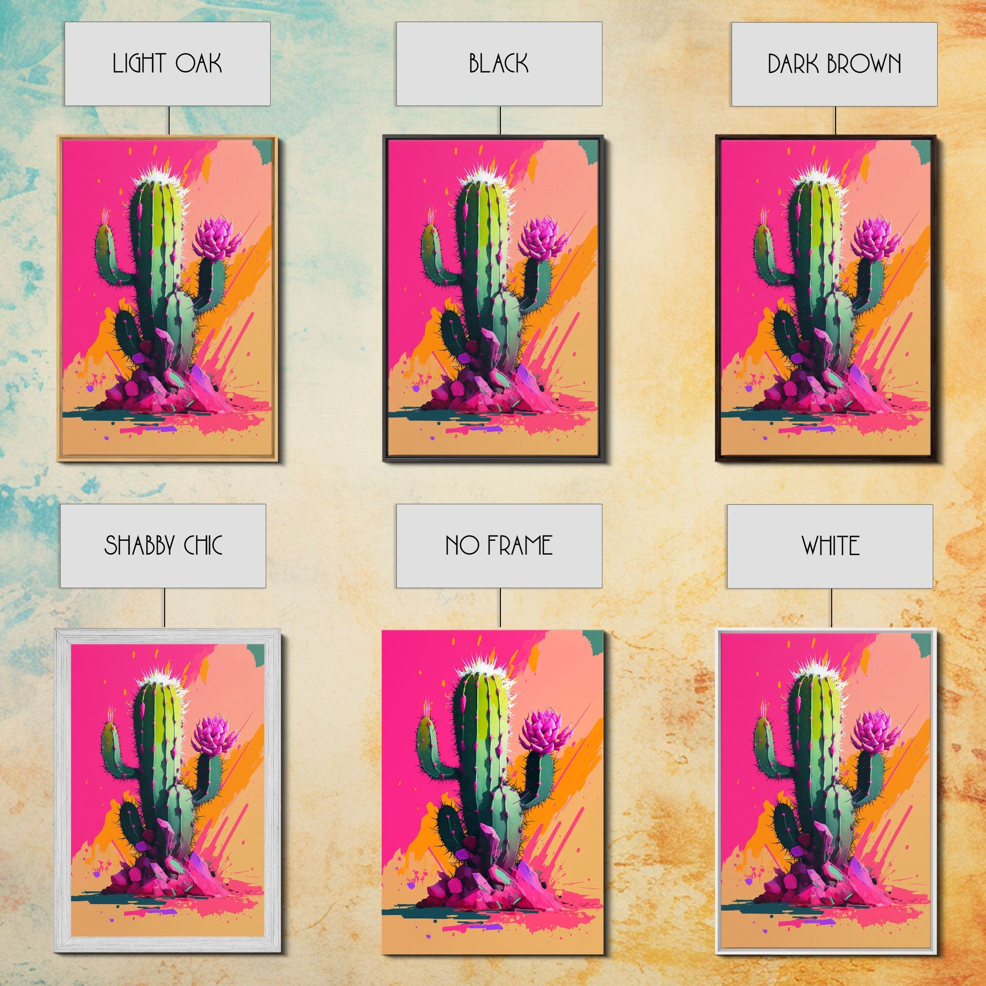 Pop Art Mexico Cactus Art, Synthwave Pink Art, Framed Canvas Print