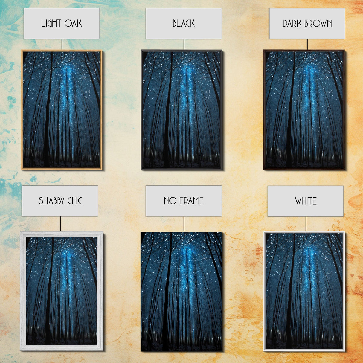 Birch Tree Forest At Night, Starry Night Sky, Framed Canvas Print, Boho Minimalist Farmhouse Decor, Primitive Art