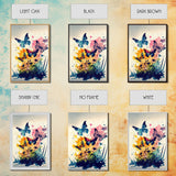 Watercolor Painting Of Butterfly and Wild Flowers, Framed Canvas Print, Colorful Living Room Wall Arrt