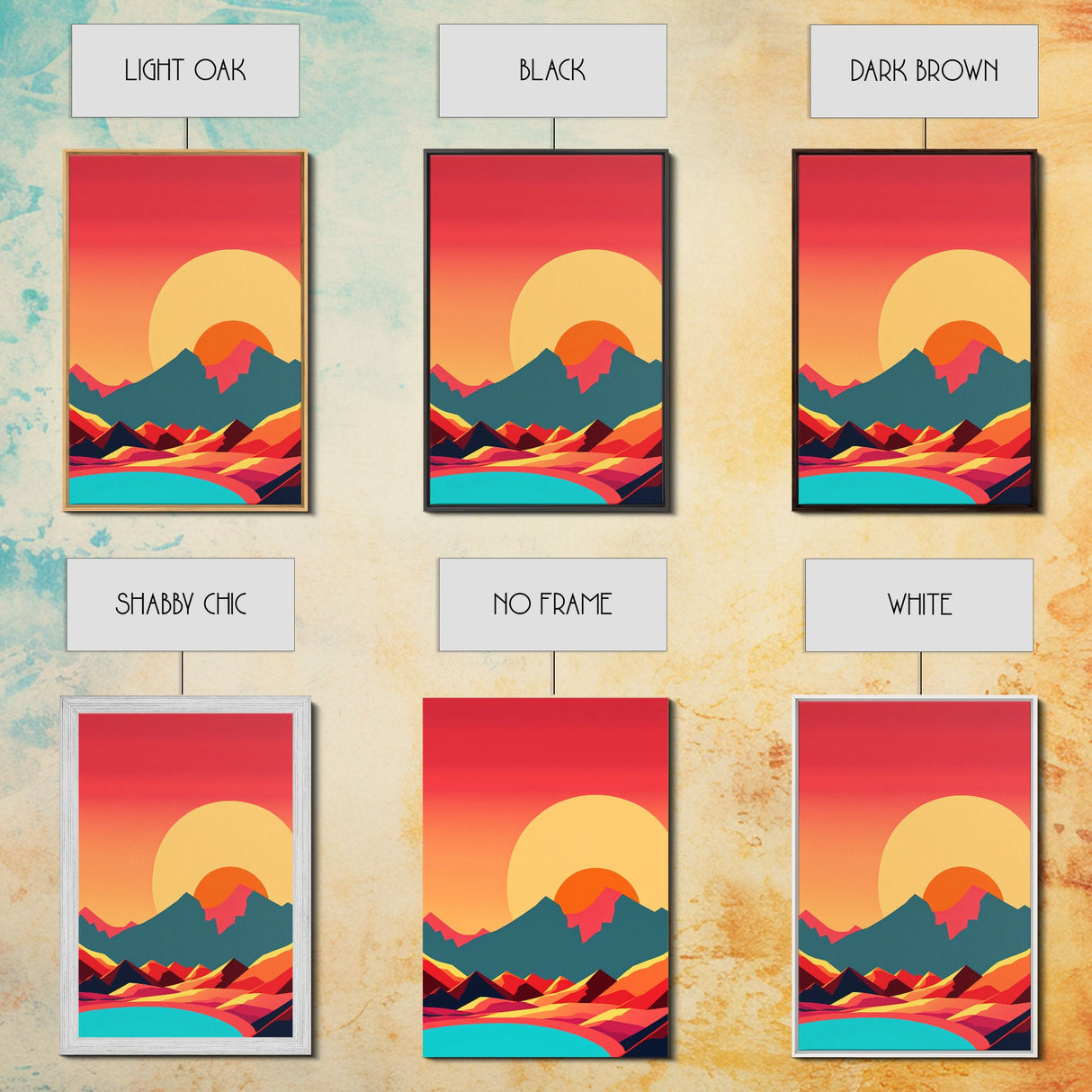 Outrun Style Art Deco Desert Sunset, Framed Canvas Print, Retro Style 80s Vibe Wall Decor, Office Art, Game Room Decor, Living Room Art