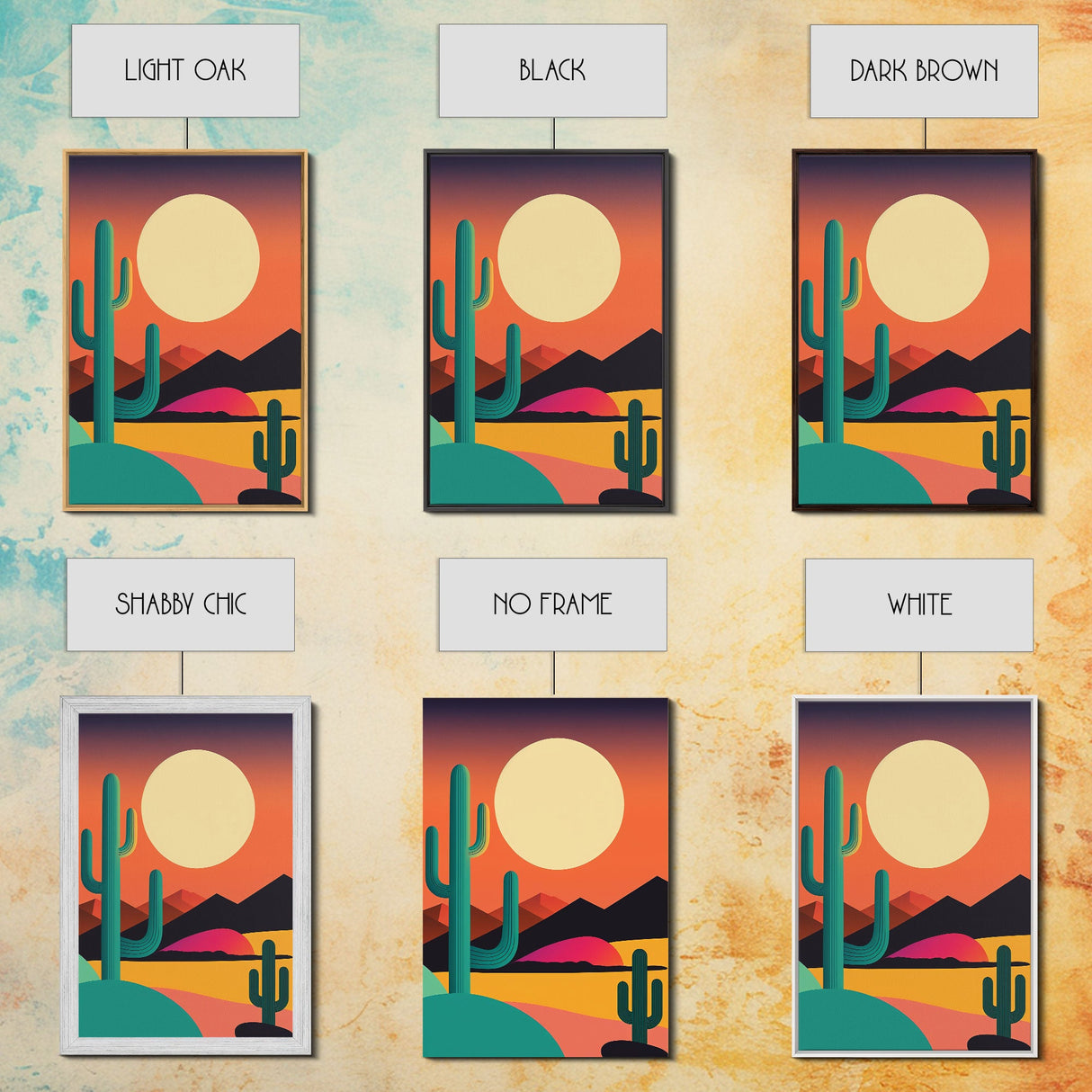 Pop Art Framed Canvas Print of Desert Landscape at Sunset, Outrun Style Sunset Full Moon Art, Unique 80s Vibe Retro Art, Art Deco