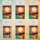 Pop Art Framed Canvas Print of Desert Landscape at Sunset, Outrun Style Sunset Full Moon Art, Unique 80s Vibe Retro Art, Art Deco
