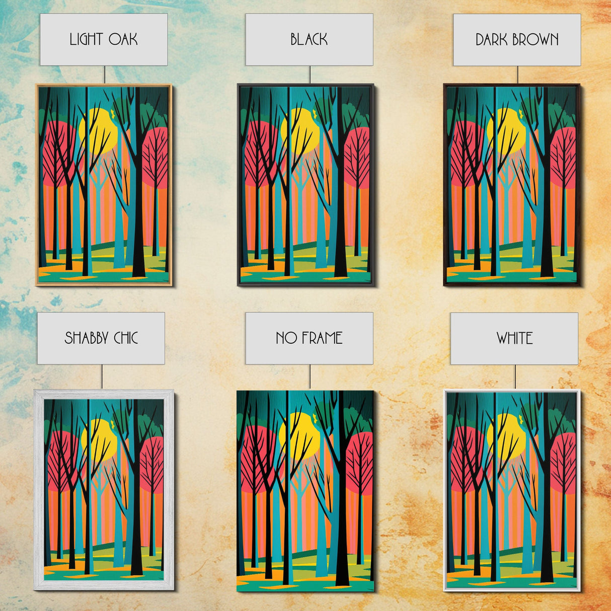Vintage Style Art, Framed Canvas Prints, Lake and Pine Tree Forest Landscape, Florida Everglades at Sunset,  Pop Art