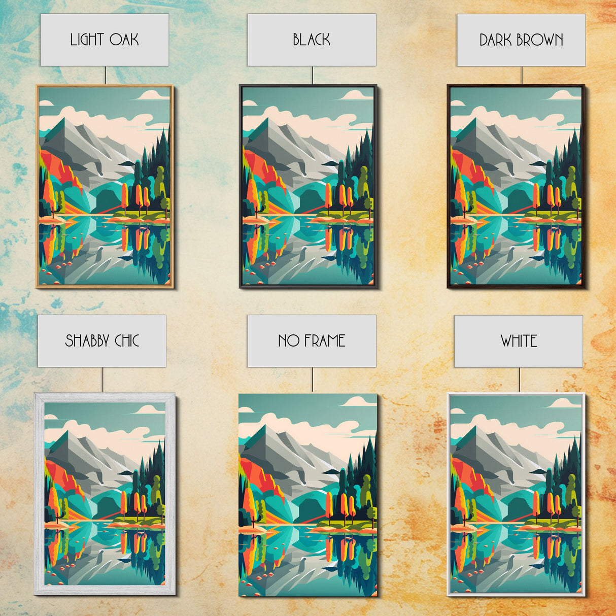 Retro Midcentury Style Wall Art, Framed Canvas Print, Colorful Wall Art, Mountain Landscape, Office Decor, Low Res Art