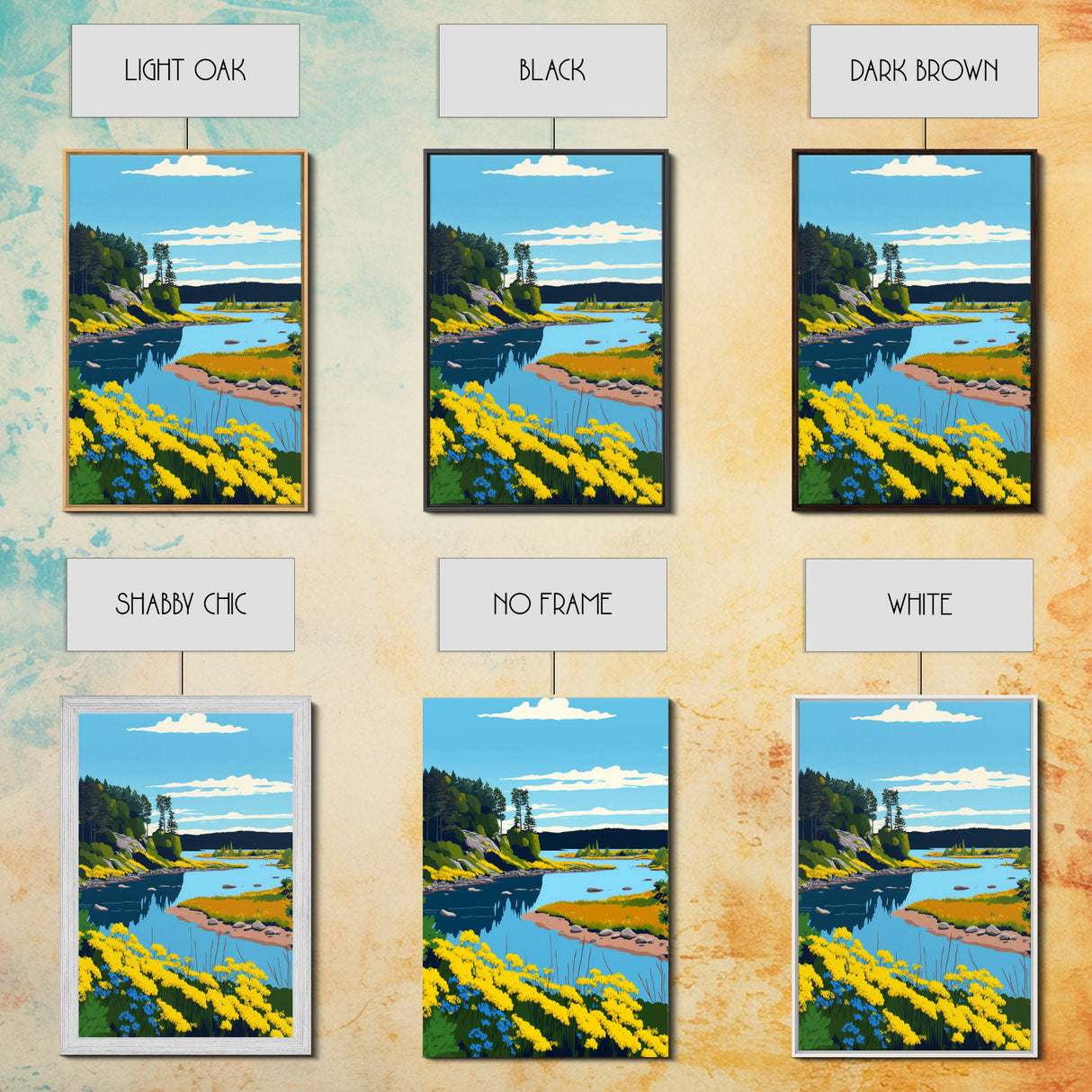 Colorful Pop Art Picture of a Stream, Framed Canvas Print, Surrealist High Contrast Cel Shaded Landscape Art