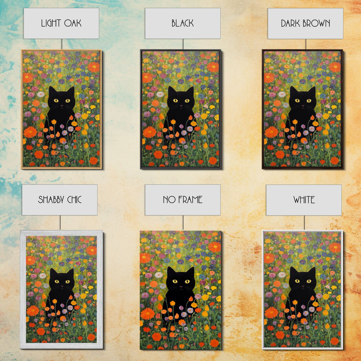 Gustav Klimt Inspired Garden Cat, Funny Black Cat Art, Framed Canvas Print, Fine Art Poster, Cute Cat Art, Funny Gift, Funny Cat Prints