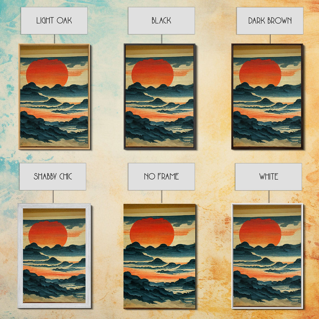 Hokusai style wall art, sunrise over the mountains, canvas print, woodblock print style art, Japanese style wall art