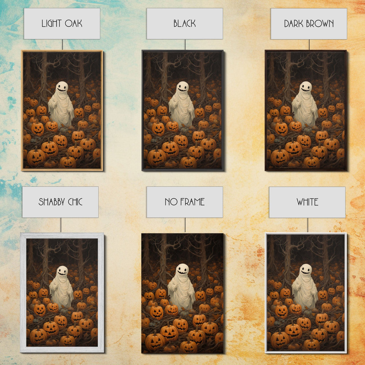 Fall Omens - Spooky Ghost In A Pumpkin Patch, Halloween Decor, Fall Art, Framed Canvas Print, Spooky Halloween Decor
