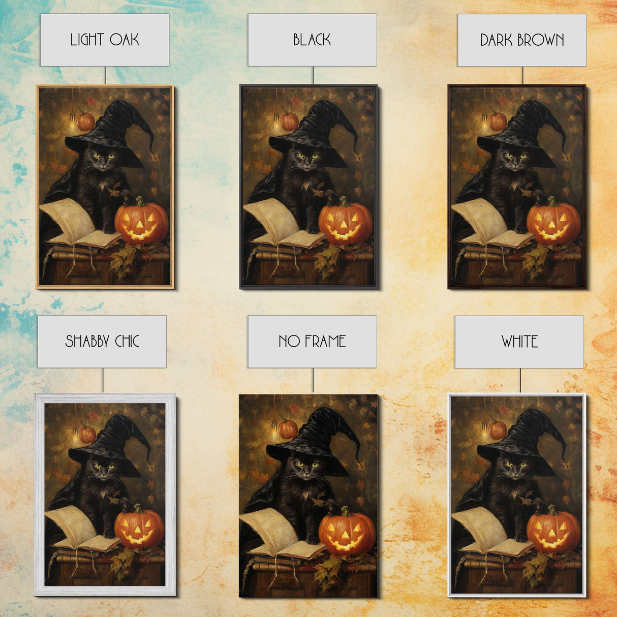 Cute Witch Cat Reading Her Book Of Spells, Vintage Halloween Art, Framed Canvas Print, Halloween Canvas Art, Witchcraft