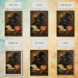 Cute Witch Cat Reading Her Book Of Spells, Vintage Halloween Art, Framed Canvas Print, Halloween Canvas Art, Witchcraft