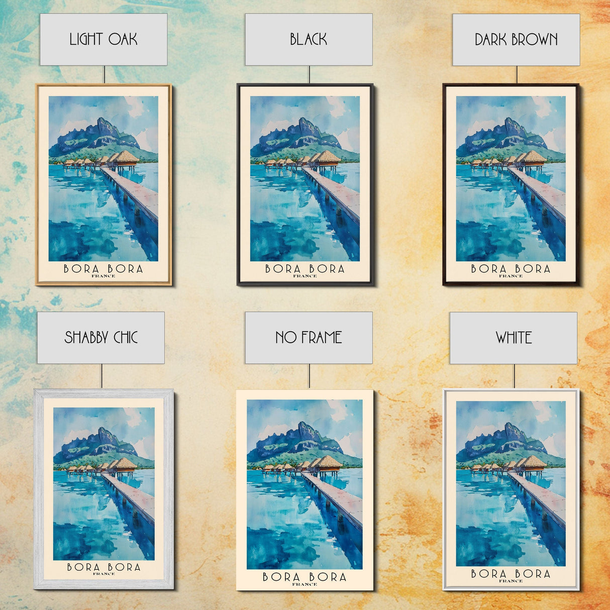 Bora Bora, France Watercolor Beach Print, Vacation Gift, France Wall Art, Framed Canvas Print, Framed Beach Painting