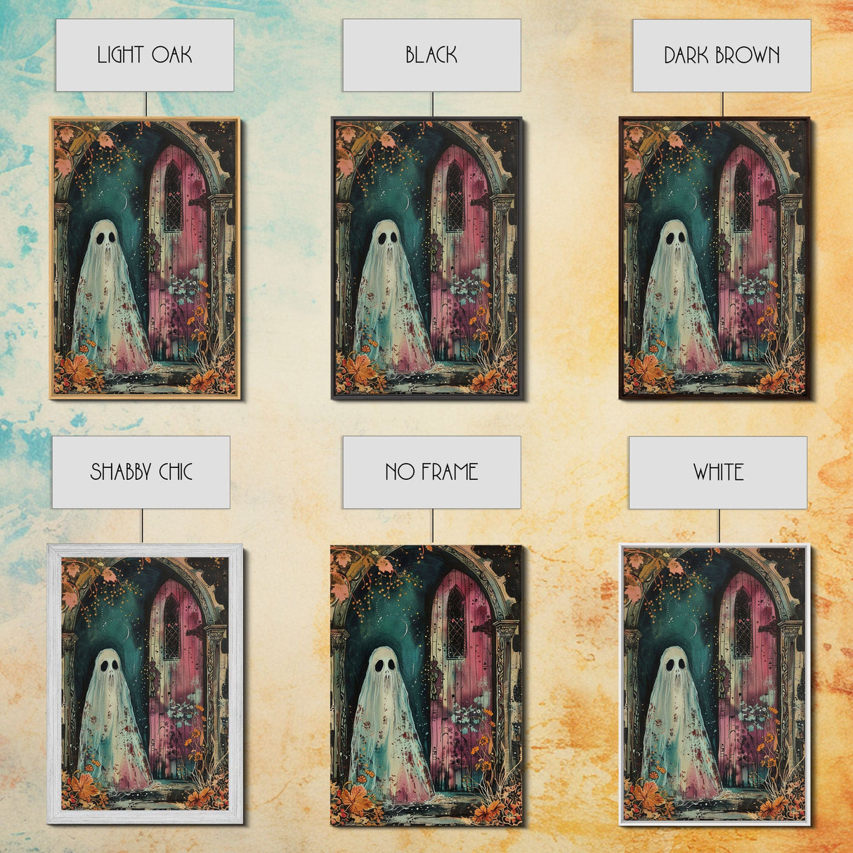 Ghostly Figure at Haunted Door Framed Canvas Print, Halloween Spirit Decor, Spooky Ghost Art, Haunted House Wall Art, Creepy Ghostly Print