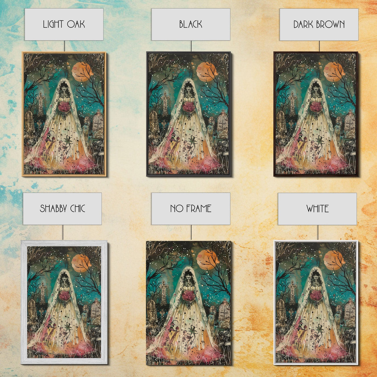 Halloween Skeleton Bride in Cemetery, Framed Canvas Print, Wall Art, Living Room Decor, Spooky, Skeleton Art, Original Painting, Home Decor