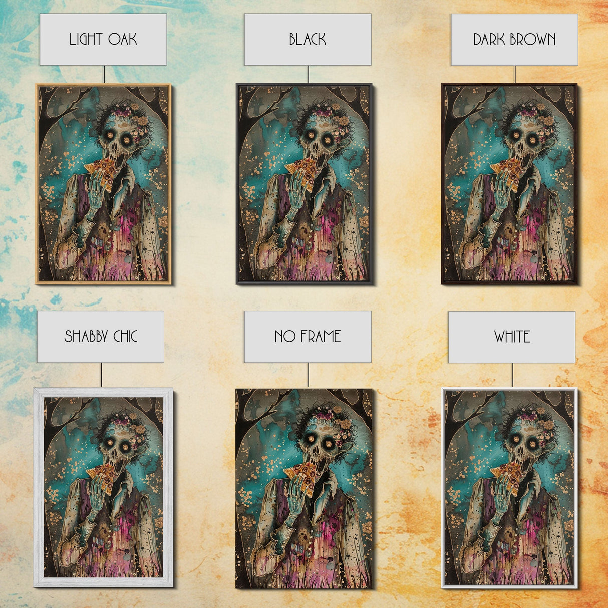 Halloween Zombie Eating Pizza, Framed Canvas Print, Wall Art, Living Room Decor, Spooky, Zombie Art, Original Painting, Home Decor