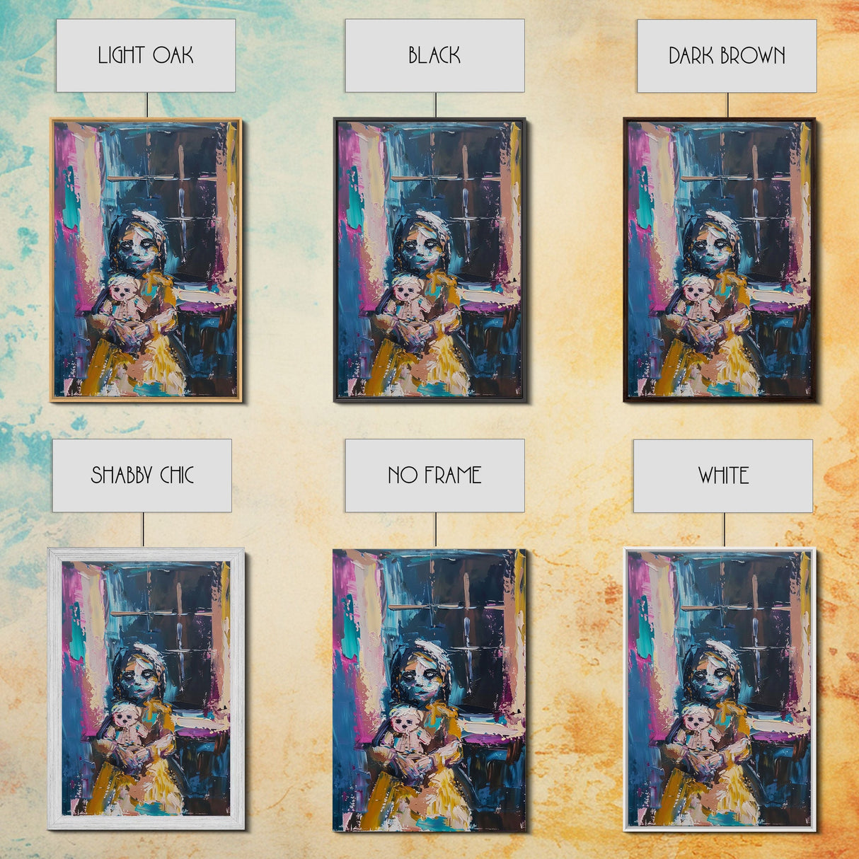 Halloween Creepy Girl with Doll, Framed Canvas Print, Wall Art, Living Room Decor, Spooky, Girl Art, Original Painting, Home Decor