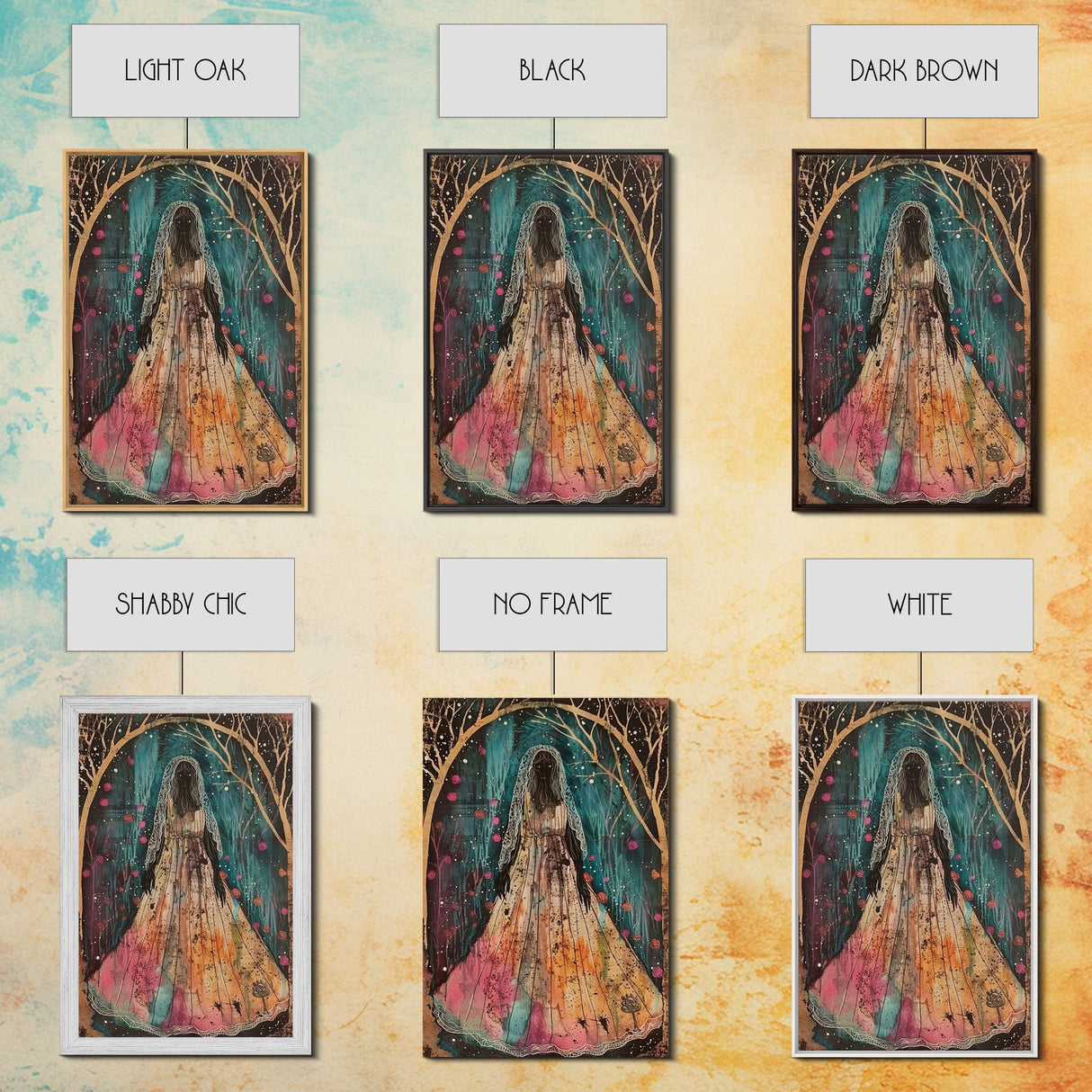 Halloween Veiled Ghost in Cemetery, Framed Canvas Print, Wall Art, Living Room Decor, Spooky, Ghost Art, Original Painting, Home Decor