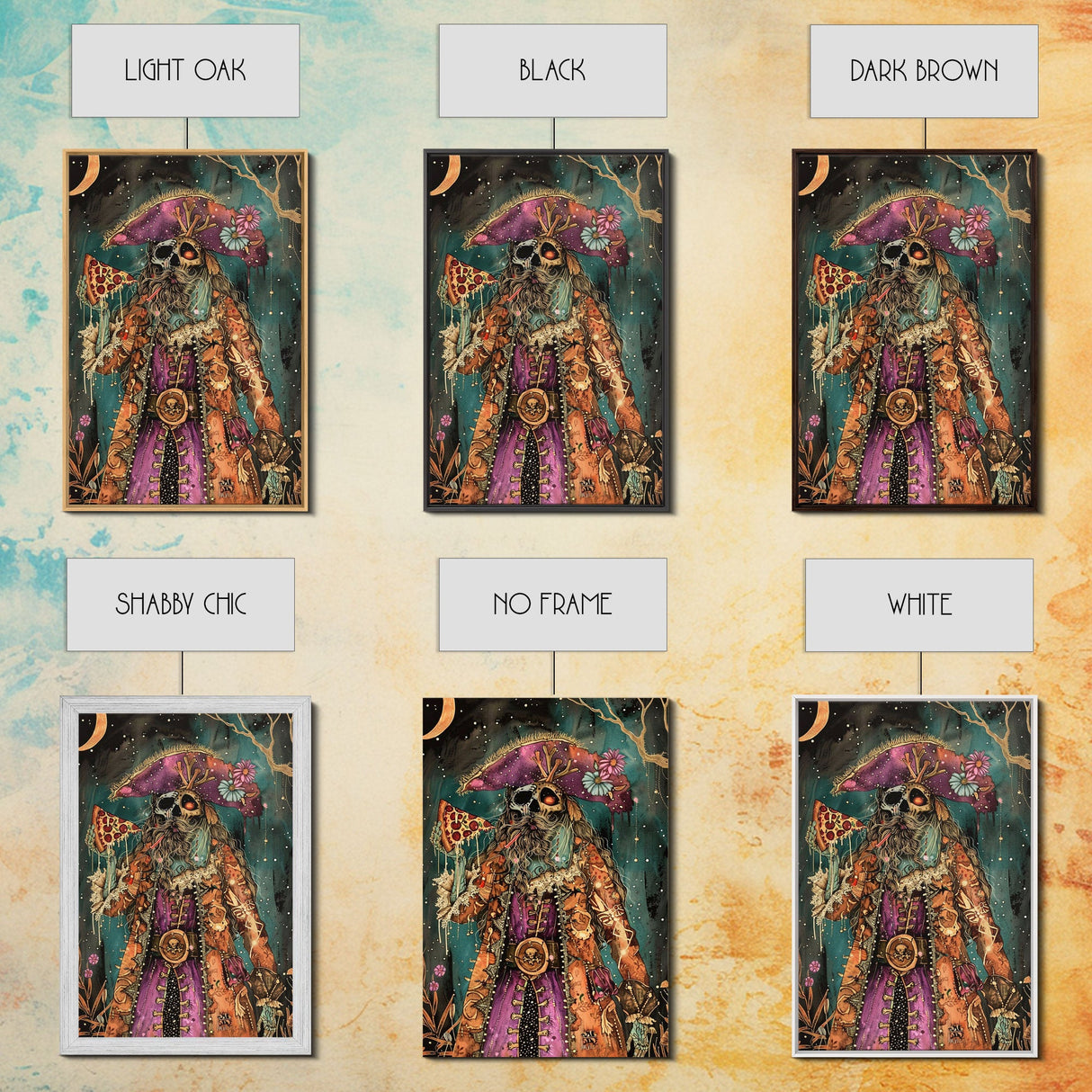 Halloween Pirate Skeleton with Pizza Framed Canvas Print, Spooky Decor, Living Room Art, Fun Halloween Wall Art Home Decor Vintage Style Art