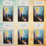 Creepy Haunted Cemetary Framed Canvas Print Halloween Art, Impasto Style Spooky Season Decor