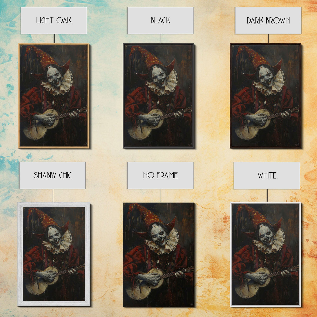 Creepy Clown Playing Guitar, Framed Canvas Print, Spooky Circus Art, Halloween Wall Decor, Horror Clown Illustration, Creepy Home Decor