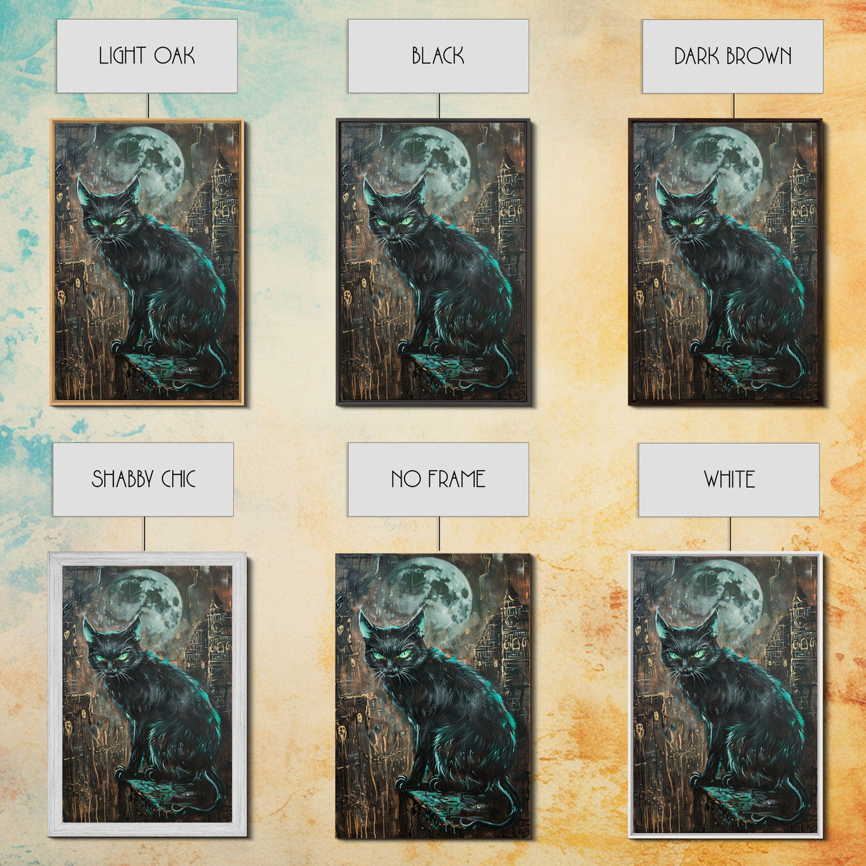 Black Cat with Piercing Green Eyes, Framed Canvas Print, Spooky Cat Art, Witchy Feline Decor, Halloween Wall Art, Gothic Cat Decor