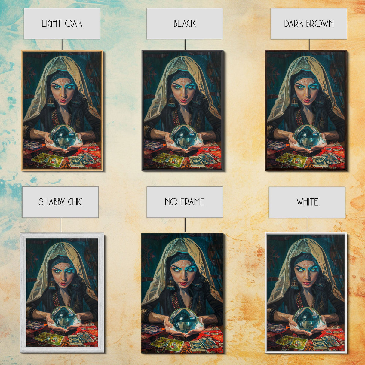 Enchanting Fortune Teller with Crystal Ball Under Moonlight - Mystical Witchcraft Framed Canvas Print, Halloween Gothic Home Decor