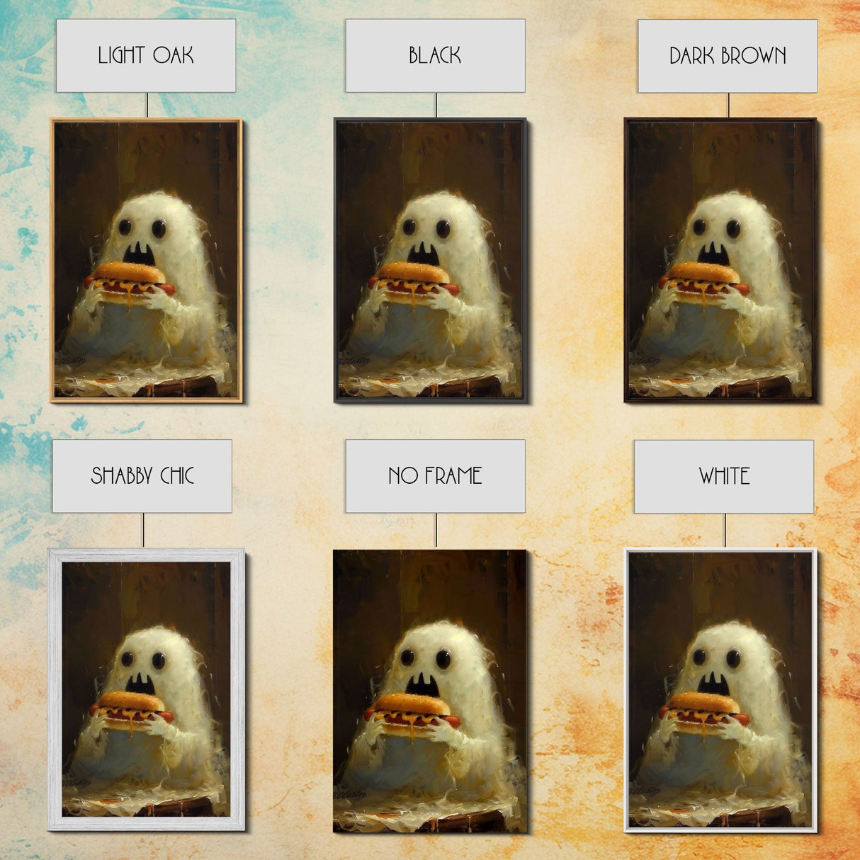 Cute Ghost Chompin on A Hot Dog, Ghostly Hot Dog Thief, Framed Canvas Print, Funny Halloween Spooky Season Art
