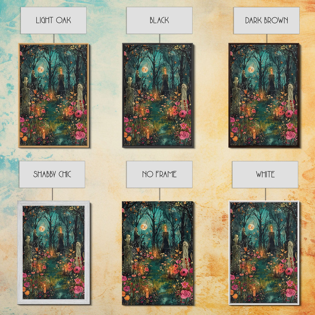 Haunted Graveyard with Flowers Framed Canvas Print, Wall Art, Halloween Cemetery Art, Spooky Home Decor, Ghostly Garden Painting