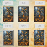 Spooky Windmill with Pumpkins Framed Canvas Print, Wall Art, Halloween Home Decor, Haunted Windmill Painting, Eerie Artwork, Halloween