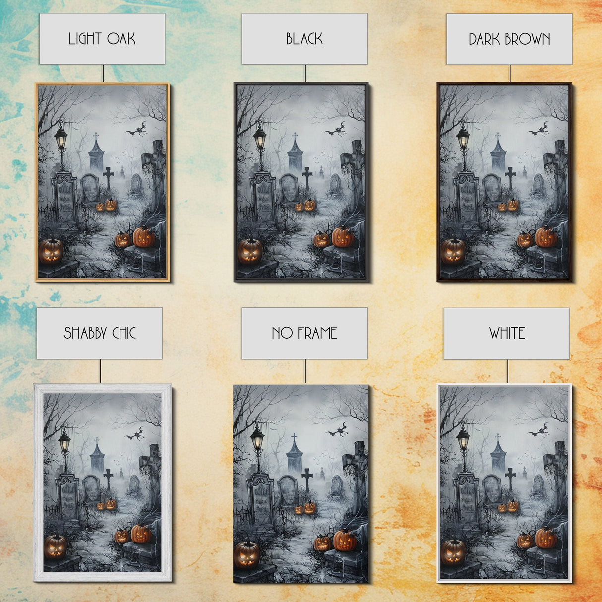 Eerie Graveyard with Pumpkins Framed Canvas Print, Halloween Wall Art, Spooky Cemetery, Home Decor, Gothic Artwork, Living Room Art, Creepy