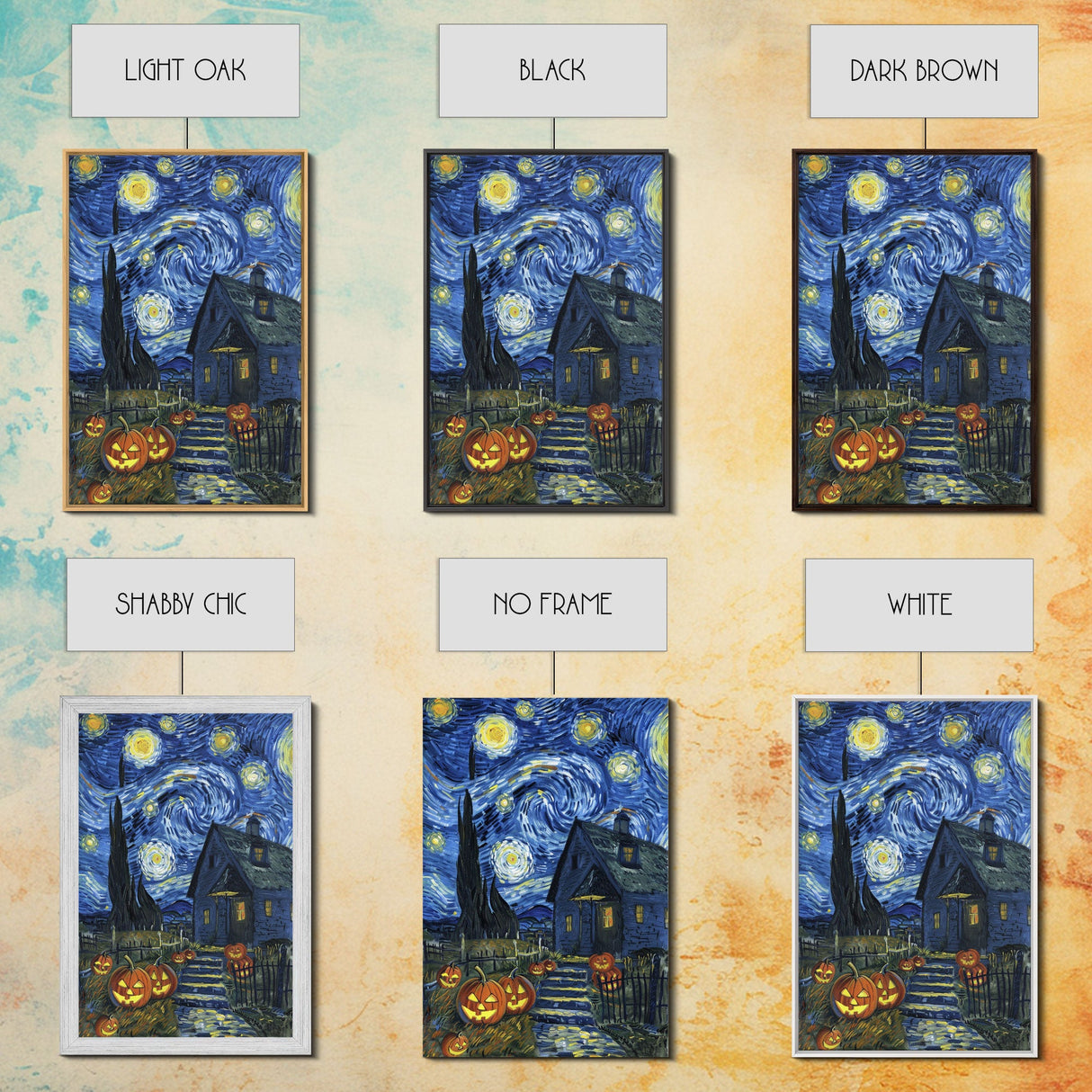 Spooky Starry Night with Jack-O-Lanterns Framed Canvas Print, Halloween Wall Art, Starry Night Inspired, Home Decor, Spooky Art, Living Room