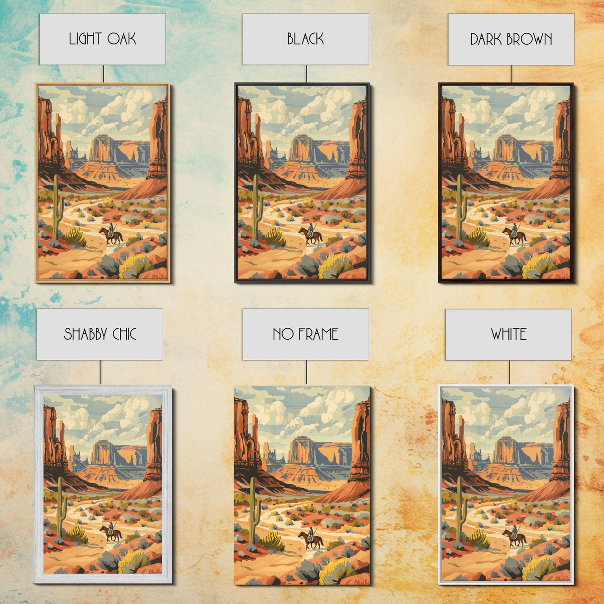 Cowboy in Southwestern Desert Landscape - Framed Canvas Print, Western Wall Art, Desert Scene Art, Cactus Decor for Living Room