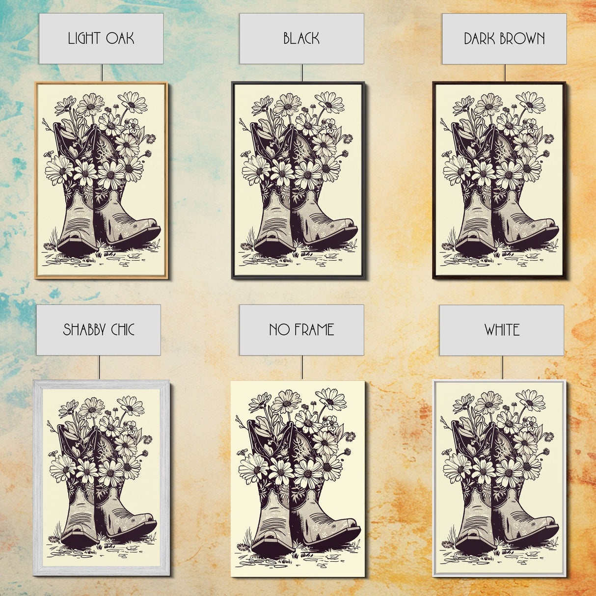 Cowboy Boots with Flowers Art Print, Western Silhouette Framed Canvas, Vintage Floral Boots Art, Unique Home Decor