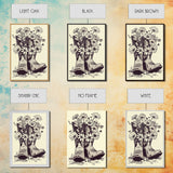 Cowboy Boots with Flowers Art Print, Western Silhouette Framed Canvas, Vintage Floral Boots Art, Unique Home Decor