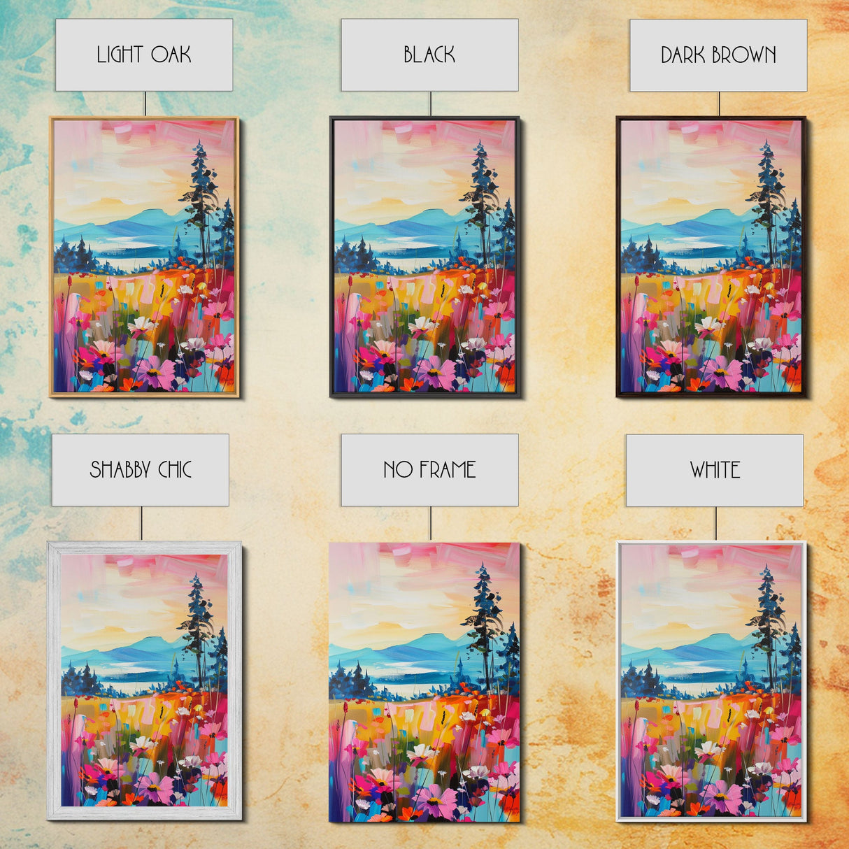 Serene Landscape with Wildflowers Framed Canvas Print - Pastel Sunset Wall Art, Tranquil Living Room Decor, Nature-Inspired Bedroom Art