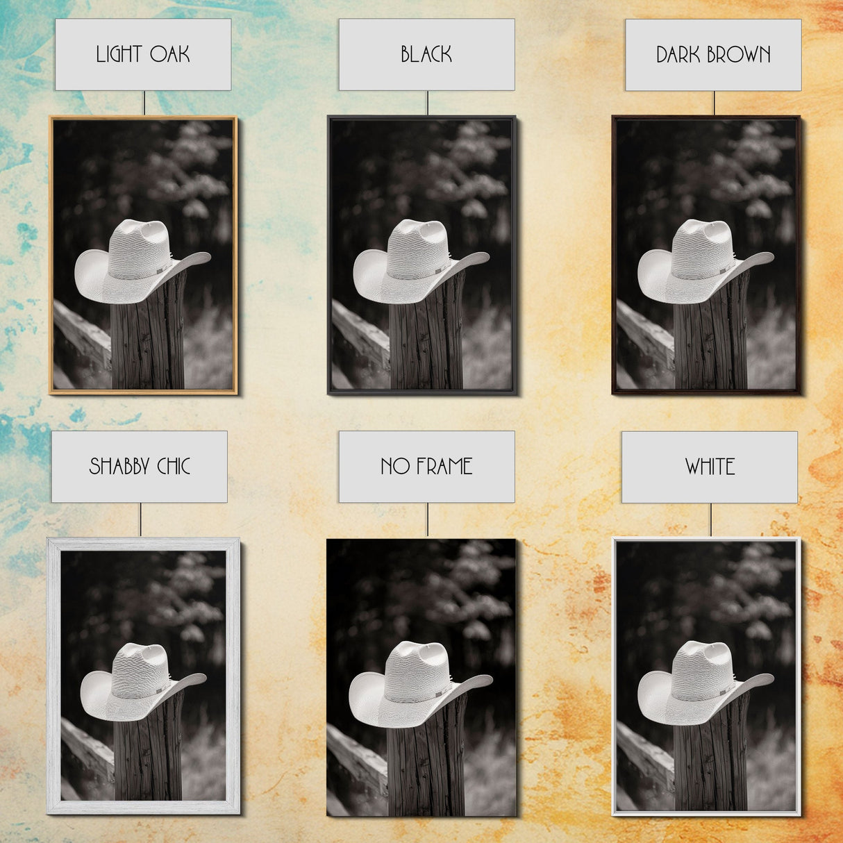 Cowboy Hat on a Wooden Fence Post in Rustic Black and White Photography for Western Home Decor, Canvas Prints, Wall Art for Living Room
