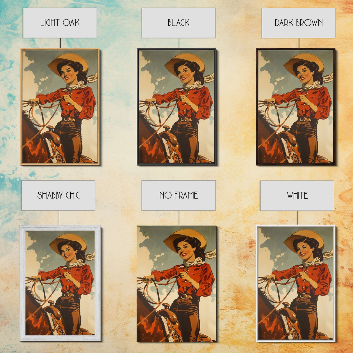 Classic Cowgirl with Red Outfit on Horse | Framed Canvas Print | Western Wall Art | Living Room Decor | Rustic Home Decor