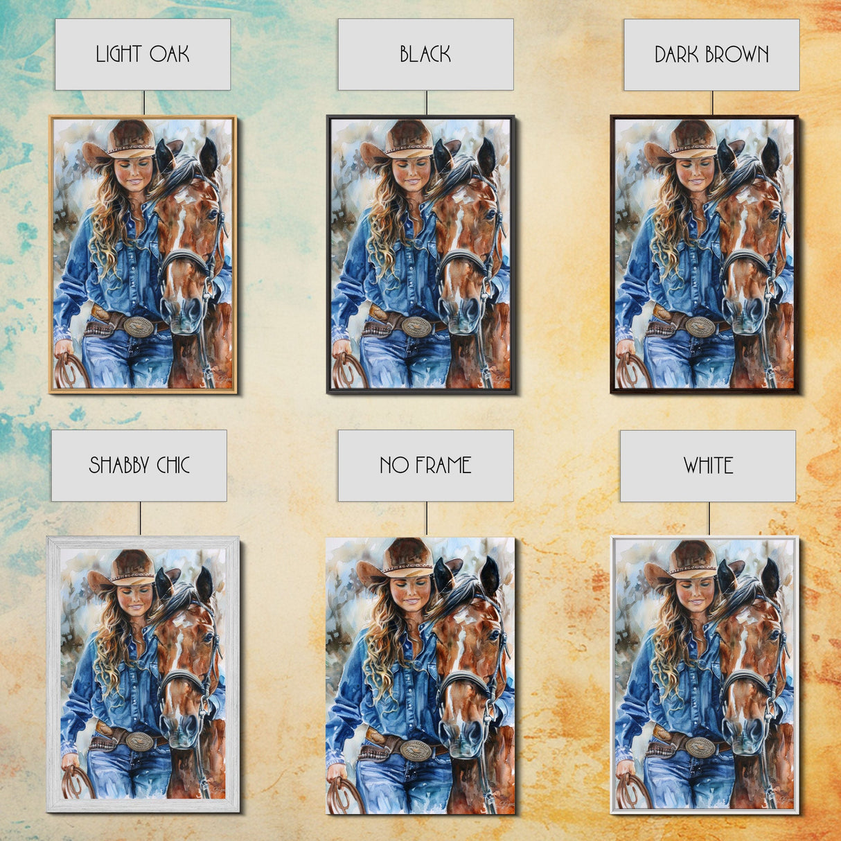 Cowgirl Embracing Horse with Hat - Framed Canvas Print, Western Wall Art, Rustic Decor, Living Room and Bedroom Art Print