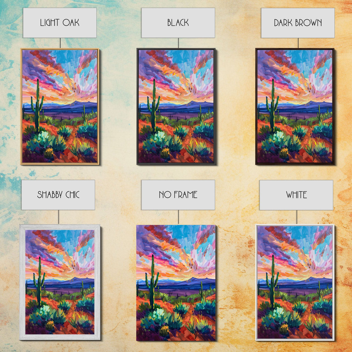 Framed Canvas Print, Cacti and Mountains at Sunset Wall Art, Vibrant Southwest Decor for Living Room or Bedroom, Nature Art Decoration Piece